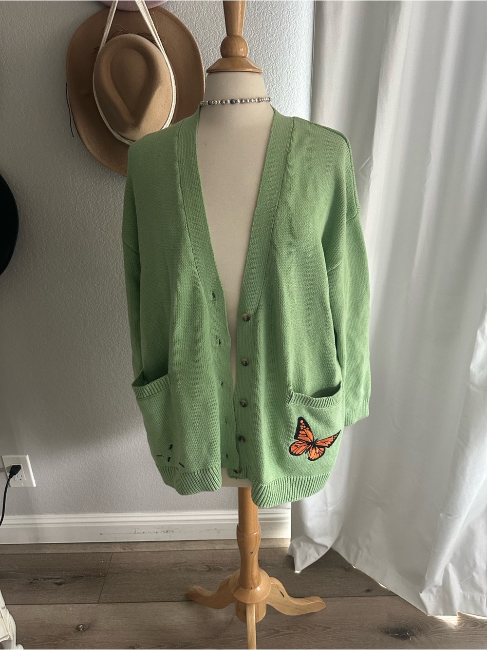 Light Green Women's Cardigan Sweater with Butterfly Detail- Anthropologie